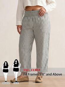 SHEIN Tall CURVE 大尺碼條紋拼接口袋彈性腰休閒長褲 - 黑與白 - 查看 3
