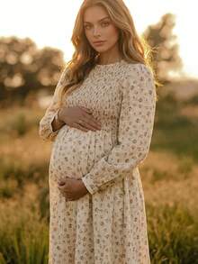 Boho Mama 米色抓皺碎花孕婦洋裝（度假風）– 秋冬荷葉邊鄉村風優雅性感女款休閒洋裝，適合拍照拍攝 - 杏色 - 查看 2