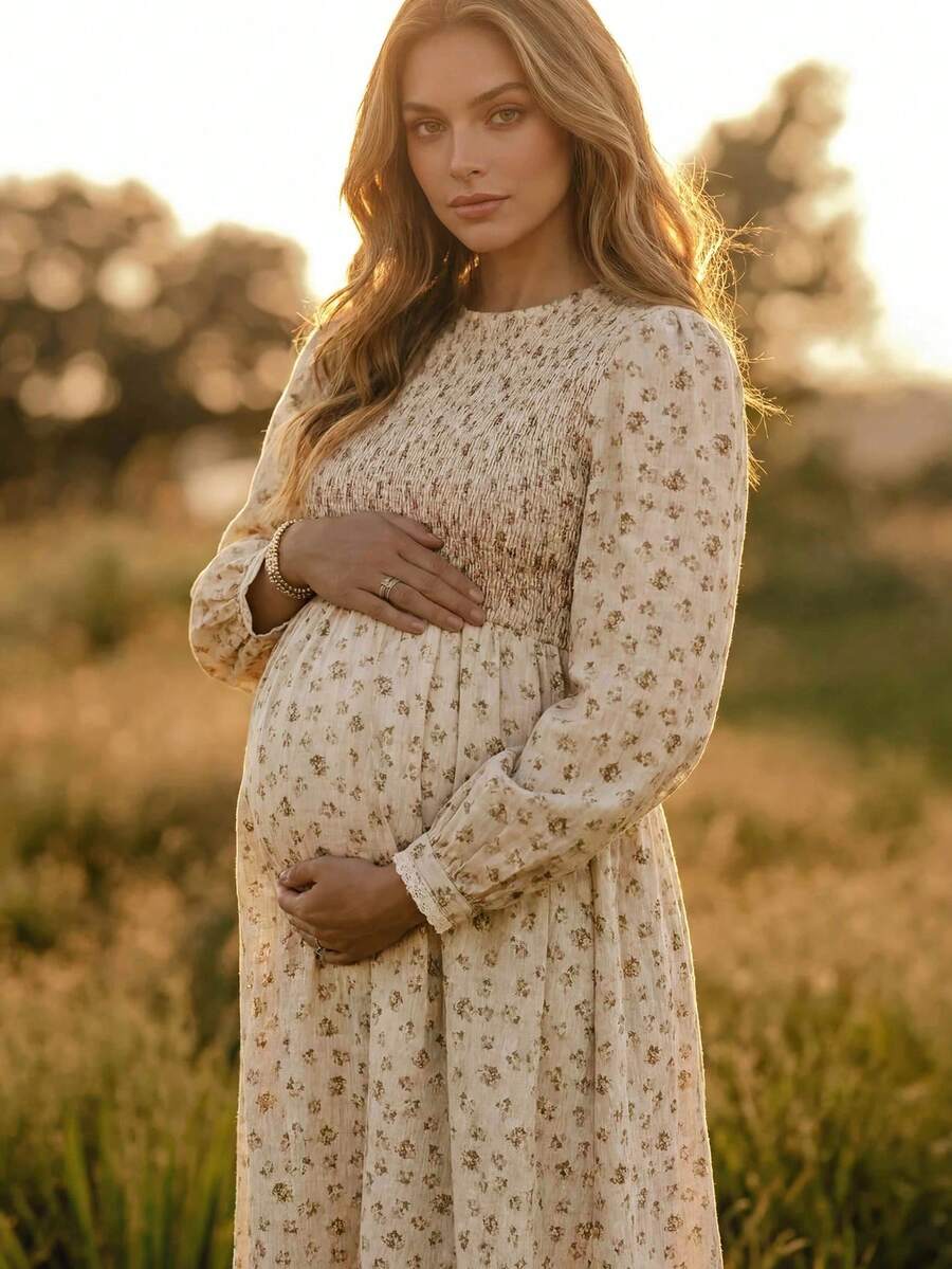 Boho Mama 米色抓皺碎花孕婦洋裝（度假風）– 秋冬荷葉邊鄉村風優雅性感女款休閒洋裝，適合拍照拍攝