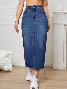 SHEIN EZwear 女款高腰口袋開衩下擺休閒牛仔裙 - 深色水洗藍 - 查看 4