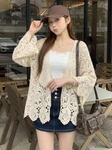 FRIFUL Femmes Cardigan décontracté de vacances à manches longues en couleur unie, en crochet et ajouré - Beige - Voir 7
