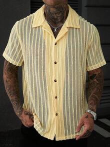 SLATEMANN Men's Solid Color Knit Jacquard Striped Textured Soft Summer Thin Loose Casual Vacation Short Sleeve Shirt - Yellow - View 7