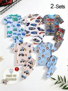 Boy's And Young Boy Cute Cartoon Print Short Sleeve Long Pants Knit Snug Fit Pajama Loungewear Set - Multicolor - View 4