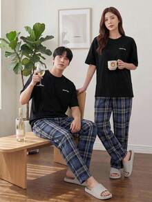 DAZY 男士字母印花T恤和格子裤睡衣套装，春夏款 - 彩色 - 查看 7