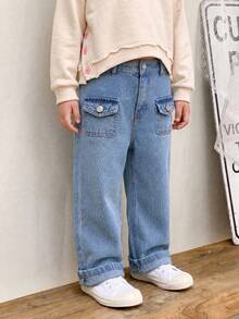 SHEIN Young Girls Casual Style Denim Jeans, Spring/Summer/Autumn/Winter, Dark Blue, Dual Pocket Design, Loose Wide Leg Fit, Soft And Comfortable Fabric, Suitable For School, Commuting And Daily Outings - Light Wash - View 3
