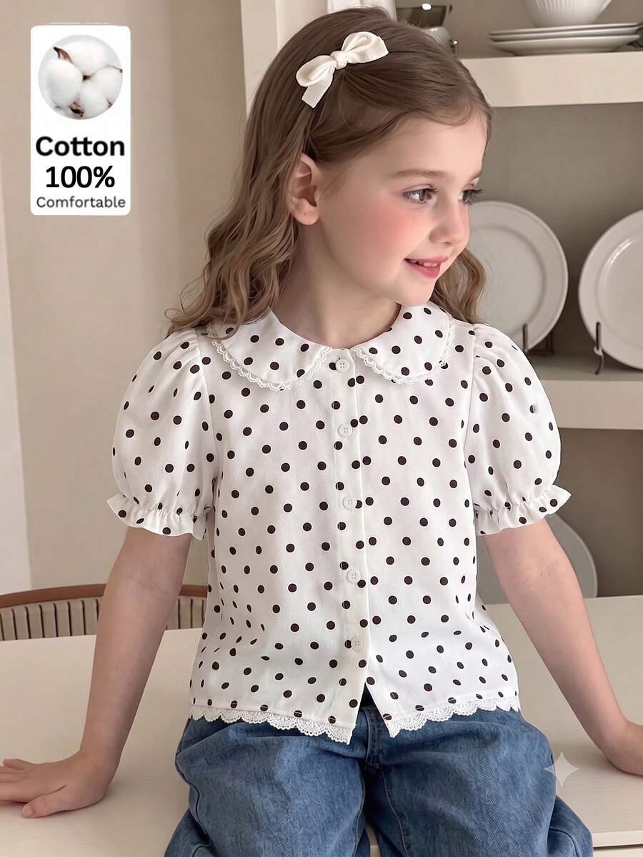 SHEIN Elladie kids 女童彼得潘領蕾絲公主袖波點短袖鈕扣襯衫,棉混紡面料新款時尚上衣,度假旅行必備,適合日常、休閒與派對時尚穿搭 - 白色 - 查看 1