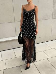 SHEIN Women's Summer Elegant Sexy Party Date Night Night Out Dress Lace Smooth Satin Asymmetrical Long Patchwork Backless Black And White Polka Dot - Black - View 4
