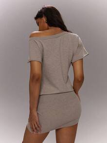 TypaGal Women's Solid Color Asymmetric Neck Short Sleeve Fitted Casual Basic Minimalist Knit Dress Brunch Date Everyday Going Out Grey Autumn - Cream - View 2