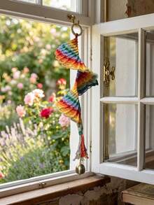 Cirelle 1pc Boho Rainbow Spiral Macrame Hanging Ornament | Hand-Woven Mobile With Brass Bell For Window, Patio - multicolor - View 2