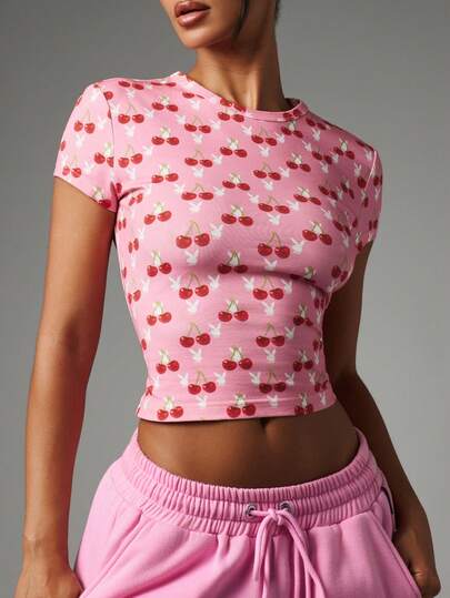 Missguided x Playboy Bunny Cherry All Over Print Crop Slim Fit Tee Short Sleeve Crew Neck Casual Summer Top