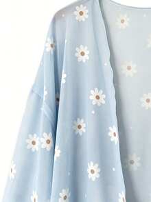 SHEIN PETITE Summer Ditsy Floral Sun Protection Chiffon Blouse - Baby Blue - View 8