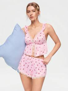 Bonmuse 2pcs/Set Women's Pink Cherry Print Lace Patchwork Pajama Top And Pants Loungewear Set - Pink - View 1