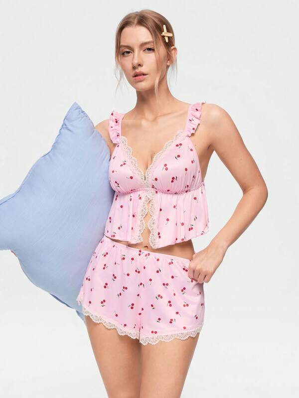Bonmuse 2件組女款粉色櫻桃印花蕾絲拼接睡衣上衣與長褲家居服套裝