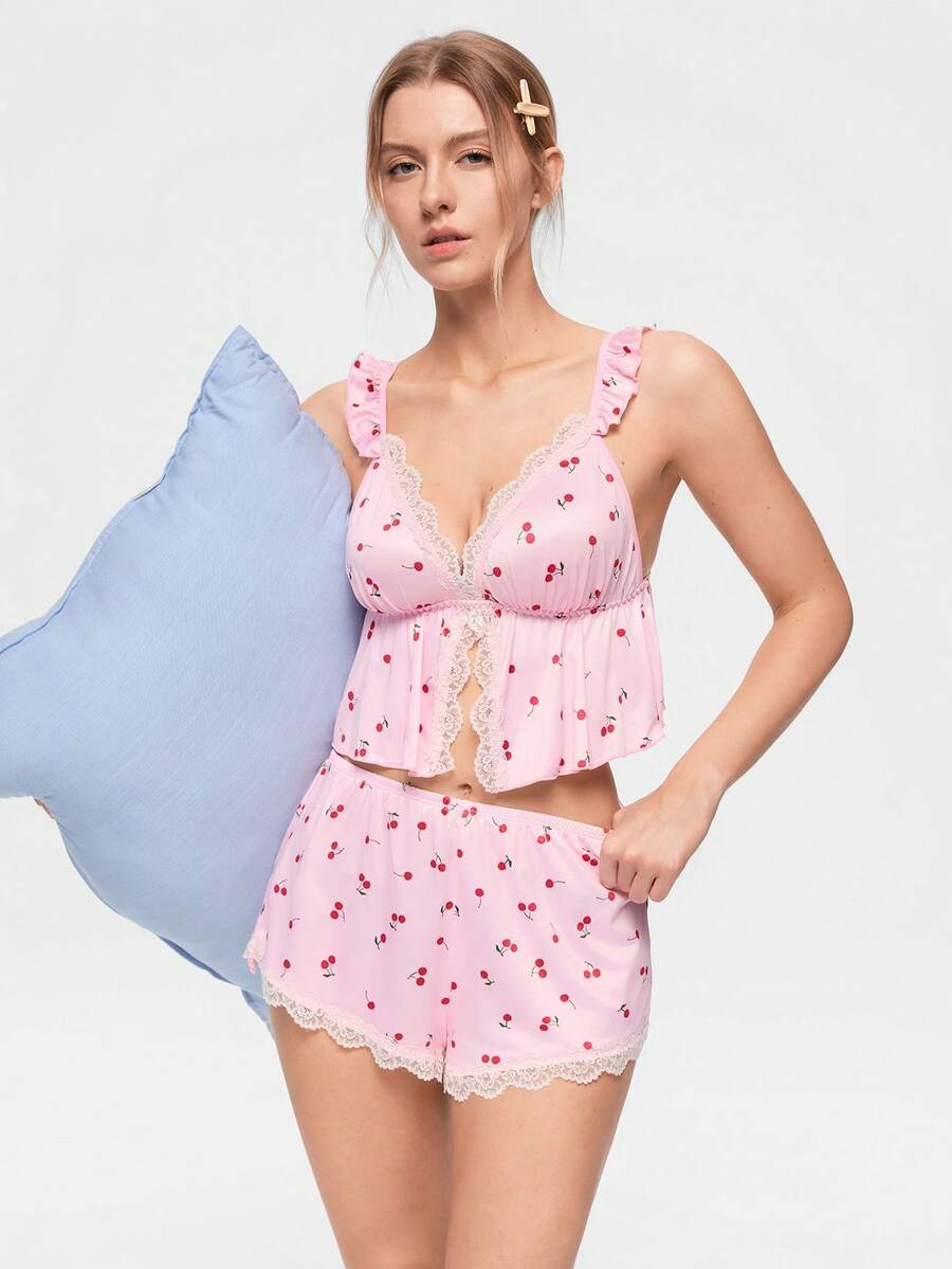 Bonmuse 2pcs/Set Women's Pink Cherry Print Lace Patchwork Pajama Top And Pants Loungewear Set - Pink - View 1