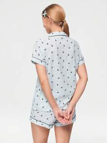 Bonmuse Conjunto de Pijama com Estampa de Laço, Manga Curta e Shorts para Mulheres - Azul bebê - Visão 2