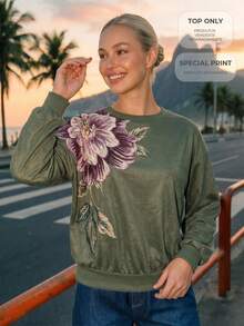 CAJUNI Olive Green Printed Sweater Elegant Casual Chic Winter Vacation - Army Green - View 9
