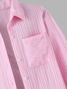 Regreso a la Escuela 3 Piezas Camisa con Botones y Cuello para Adolescentes en Rosa Sólido, Top Corto de Tirantes & Pantalones Largos - Rosa - Ver 7
