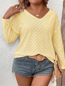 SHEIN LUNE Shi Fashion 休閒基本款 V 領肩部鈕扣設計長袖黃色波點提花面料大尺碼 T 恤 - 黃色 - 查看 4