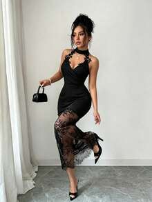 Elenzga Halter Neck Iridescent Material Contrast Lace Dress - Black - View 8