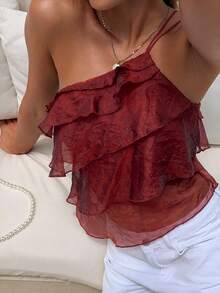 Aloruh Spring/Summer New Elegant Rave Romantic Date Vacation Valentine's Day Wedding Season Rust Chiffon One-Shoulder Backless Multi-Layer Ruffle Blouse - Burgundy - View 5