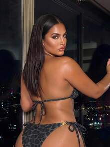 SHEIN Swim 2026 Neues tropisches Leopardenmuster 2-teiliges Bikini-Set mit Metallaccessoires, Große Größen Badebekleidung Sommer Strandurlaub Urlaub Lässig Resort-Kleidung - Grün - Übersicht 4