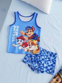 SHEIN | PAW Patrol Young Boy Cartoon Print Round Neck Sleeveless Tank Top And Elastic Waist Shorts 2-Piece Set - Navy Blue - View 1
