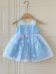 SHEIN Glamorique Kids 嬰兒女童無袖公主洋裝，柔軟藍色薄紗搭配彩色3D花朵刺繡，背部可拆卸大蝴蝶結，適合寶寶週歲生日派對、生日慶祝、婚禮花童、家庭聚會、正式場合、日常出遊、拍照、度假、畢業舞會 - 藍色 - 查看 8