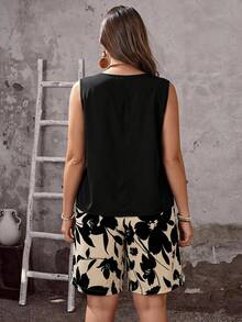 EMERY ROSE Minimalist Floral Shorts & Black Tank Top 2 Pieces Set Plus Size - Multicolor - View 2