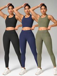 Velisys Velisys Women's Solid Color Cropped Tank Top And Fitted Leggings 3-Piece Sports Set - Multicolor - View 3