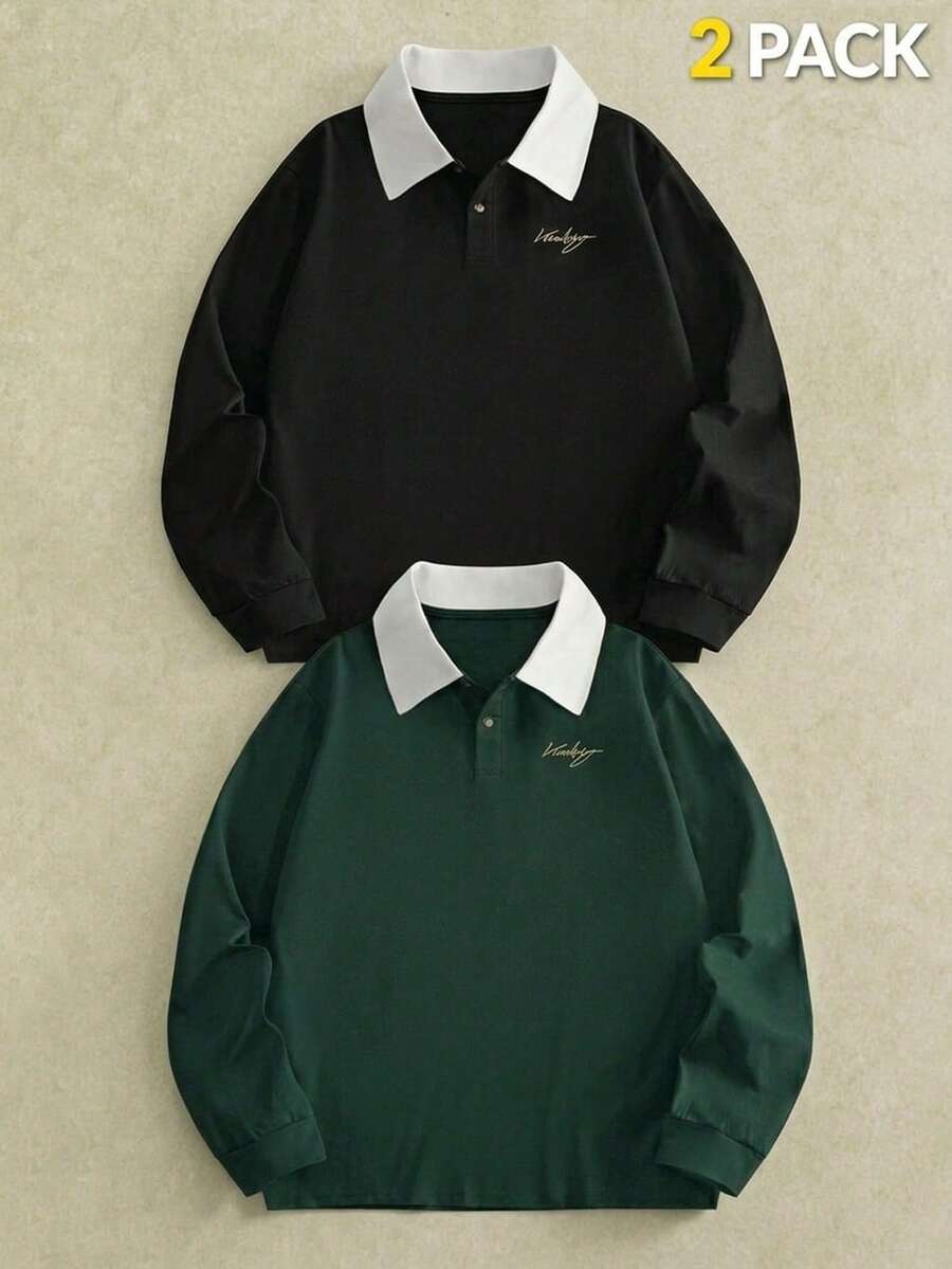 AKNOTIC 男士春秋休閒字母印花 Polo 衫 2 件組 - 彩色 - 查看 1