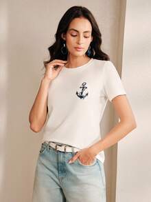 Anewsta 圆领短袖休闲常规肩部夏季透气T恤 - 白色 - 查看 5