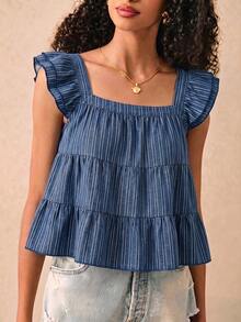 Muvela Casual Minimalist Style Imitation Mechanical Deep Blue Striped All-Over Print Women Shirt, Suitable For Spring And Summer,Summer Top - Multicolor - View 5