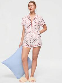 Bonmuse 2pcs Comfortable Heart Print Pajama Set, Short Sleeve Collared Top With Pocket And Bow Shorts, Women Sleepwear Homewear For All Seasons - White - View 6
