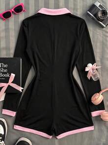Teen Girls Long Sleeve Polo Pink Black Collar Romper,Back-To-School,Cute,Vacation, 1pc Only Spring - Black - View 3