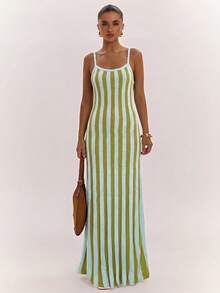 SHEIN BAE Rochie cami bodycon elastică pentru femei, stil matur, cu efect de lașiere, talie evazată, rochie de bază tricotată, versatilă pentru uz zilnic casual și navetă - Multicolor - Vizualizare 3
