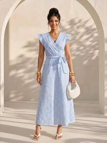 Structelle Women's V-Neck Striped Casual Daily Summer Long Dress - Multicolor - View 1