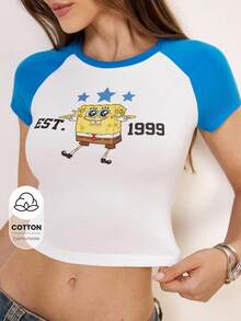 SpongeBob SquarePants | SHEIN 女士圆领拼接字母卡通印花休闲百搭日常短袖T恤 - 藍白色 - 查看 1