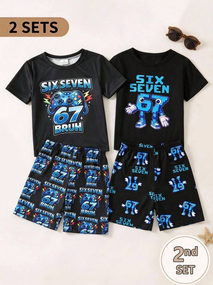 两件套幼儿男童卡通游戏机印花短袖T恤和短裤,休闲舒适柔软黑色连体衣,夏季穿着 - 彩色 - 查看 1