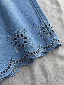 SHEIN 女童藍色牛仔寬鬆長褲，鏤空刺繡圖案 - 藍色 - 查看 3