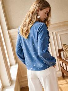 Écloséra Women's Spring/Autumn Commute & Date Printed Open Front Ruffle Trim Blouse - Blue - View 2