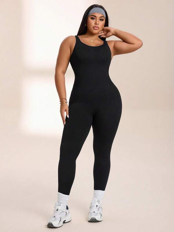 SHEIN Rhythm Era Women's Plus Size Solid Color Tank Top Style Sports Jumpsuit
