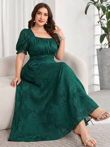 Reflora Plus Size Women Square Neck Jacquard Pleated Casual Party Dress - Dark Green - View 7