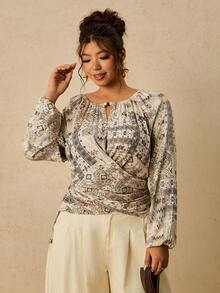 Travachic Plus Size Bohemian Boho Geometric Print Shirt With Wooden Bead Decor + Fitted Cut Vintage Vacation Style Summer Versatile Sleeveless Top Blouse Beige - Multicolor - View 5