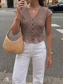 Pariaura 女款夏季法式棕色格紋V領荷葉邊鈕扣襯衫，復古上衣，適合慕尼黑啤酒節、早午餐、晚餐場合 - 咖啡棕 - 查看 8