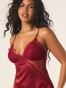 MISSGUIDED Satin Mini Sleep Dress With Delicate Lace Trim Deep V Neck Lingerie Nightgown Intimate Sleepwear - Red - View 4