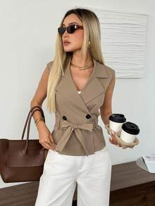 Easowa Women's Double-Breasted Sleeveless Trench Coat Autumn Formal Wear Work Business Office Outfits Black Casual Smart Elegant - Camel - View 6