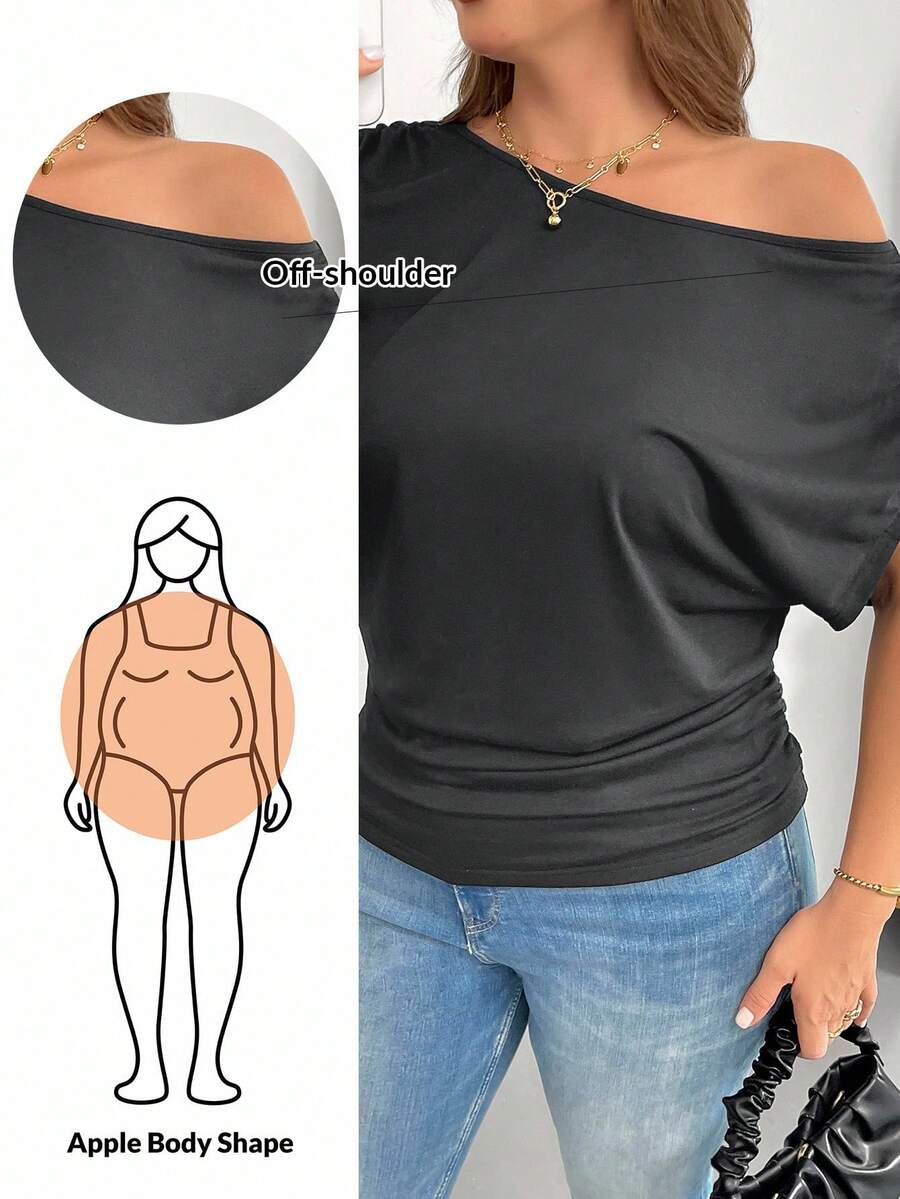 Shapeblank 大尺碼女款純色不對稱肩蝙蝠袖短袖休閒T恤 - 灰色 - 查看 1