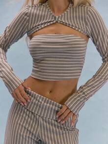 MUSERA Conjunto de Três Peças com Top Regata, Cardigan Curto de Manga Longa com Recorte e Calça, Detalhe de Estampa Listrada, Casual de Verão, Estilo Feminino Y2K, Macio, Social - Cinza - Visão 2