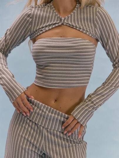 MUSERA Long Sleeve Cut Out Shrug Cami Top And Trousers Three Pieces Set With Stripe Pattern Detail Summer Casual Girly Y2K Soft Social