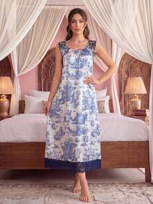 Jahmira Elegant Embroidered Butterfly Lace Satin Print Long Women Nightgown - Blue and White - View 3